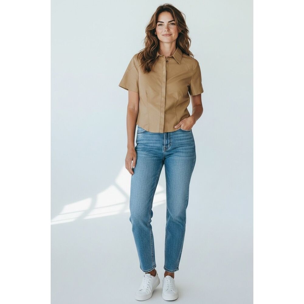 Nanushka Vegan Leather Clare Short Sleeve Collared Button Down Tan Size Small